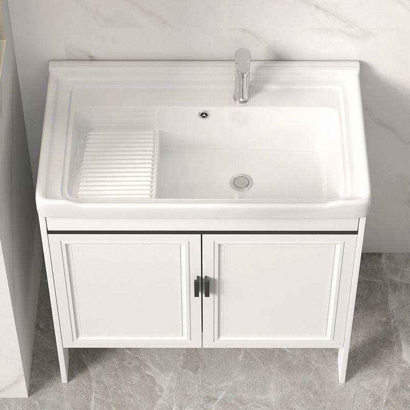 Carbon Fiber Laundry Cabinet Balcony Laundry Sink Ceramic Washbasin with Washboard Floor-Standing Washbasin Cabinet Combination