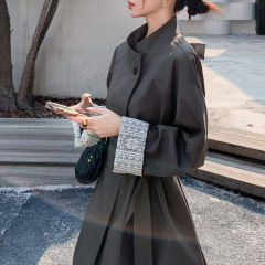 预售蕾丝翻边袖深灰色立领短款风衣女2025秋新款修身外套