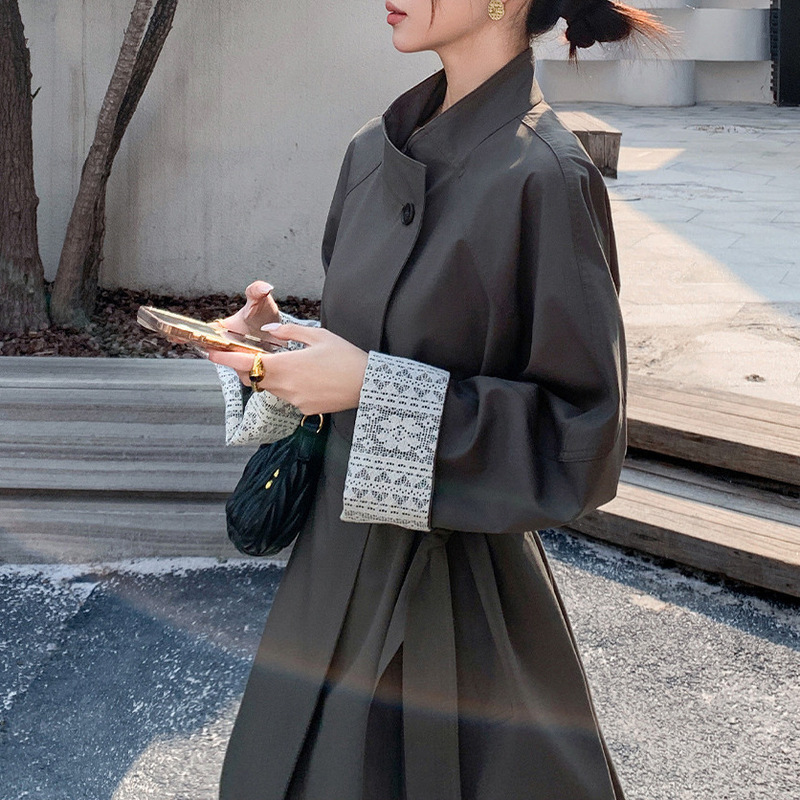 In-Stock Lace Cuff Dark Gray Stand Collar Short Trench Coat for Women 2026 Autumn New Slim-Fit Jacket