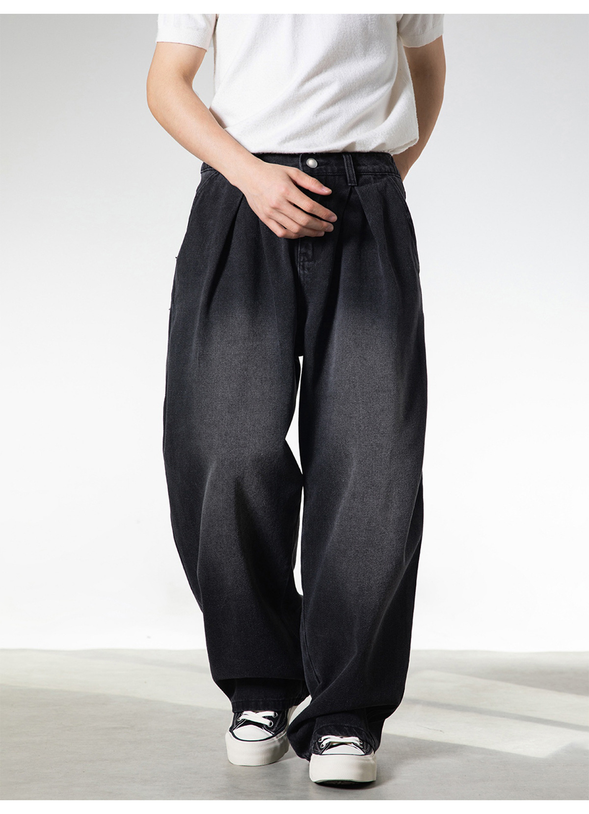 Retro Washed Oversized Jeans for Men Straight Leg Loose Fit Casual Trousers Split Pleats mid Waist Cotton Spring Style_voghion.com