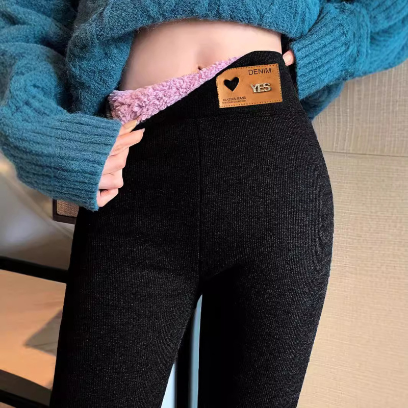temu热销冬季保暖加绒加厚云朵绒打底裤女士高腰紧身螺纹九分裤|undefined