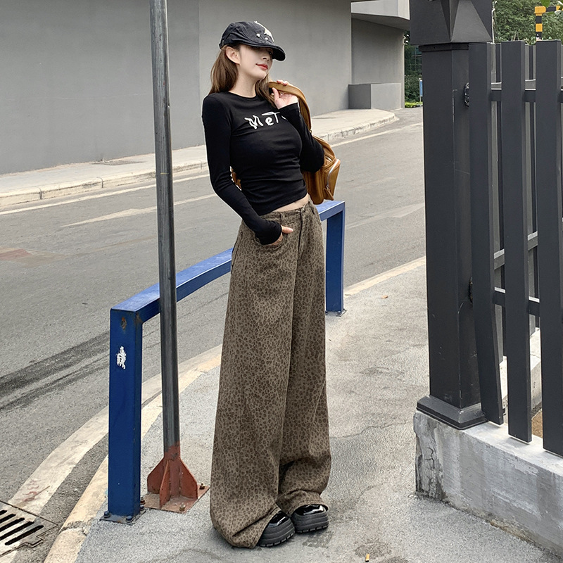 Heart Embroidery Ancient Low Saturation New American High Street Wide Leg Loose Jeans Trousers Plus Length Cotton