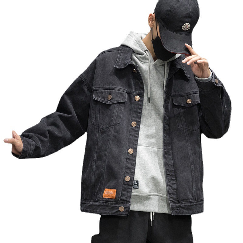 Spring Japanese-Style Denim Jacket for Men, Loose Fit, Winter Trendy Brand, Plus-Size Men's Clothing, Fleece-Lined Work Jacket, Casual and Fashionable Spring Japanese-Style Denim Jacket for Men, Loose Fit, Winter Trendy Brand, Plus-Size Men's Clothing, Fleece-Lined Work Jacket, Casual and Fashionable