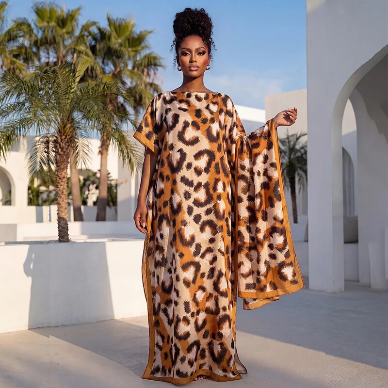Printed Satin Robe with Headscarf, Loose Batwing Sleeves, Ankle-Length Beach Dress, Vacation Cover-Up, African Women's Nightgown