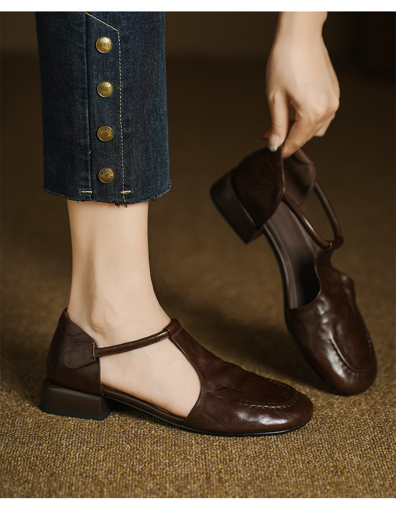 Dép sandal nữ quai ngang mũi tròn đế bằng da bò phong cách retro — màu nâu chi tiết 7