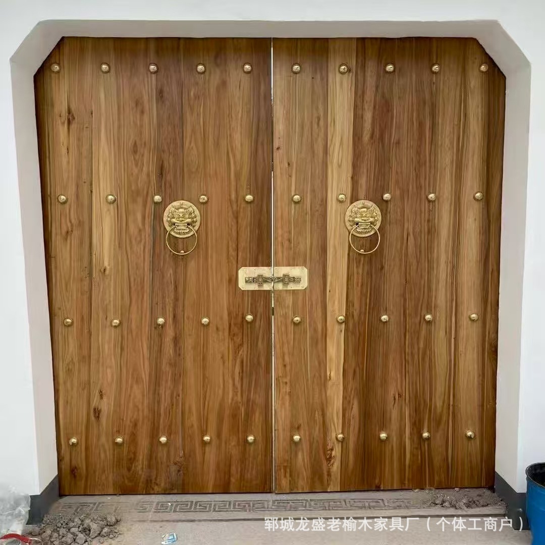 老榆木中式庭院木门实木大门对开复古进户门门楼原木别墅仿古门楣
