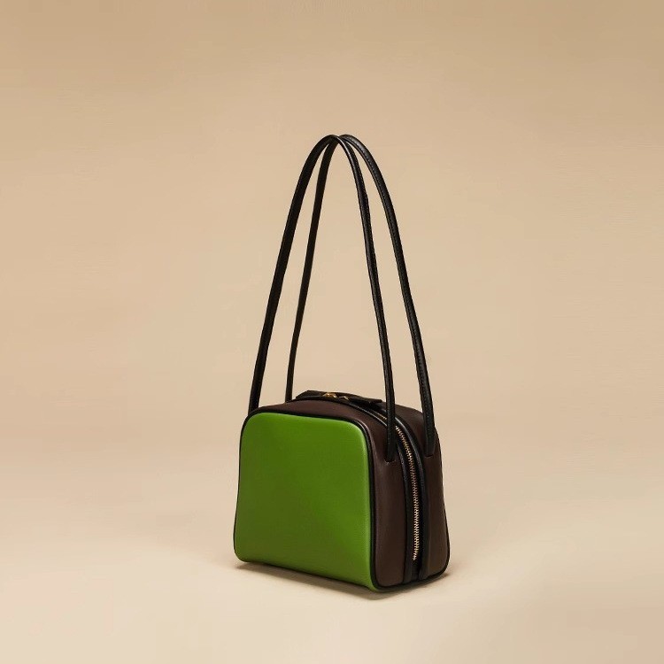 Women's 2025 New Arrival Niche Genuine Leather Small Square Bag Contrast Color Commuter Handbag Shoulder Underarm Baguette Bag - Thumbnail 3