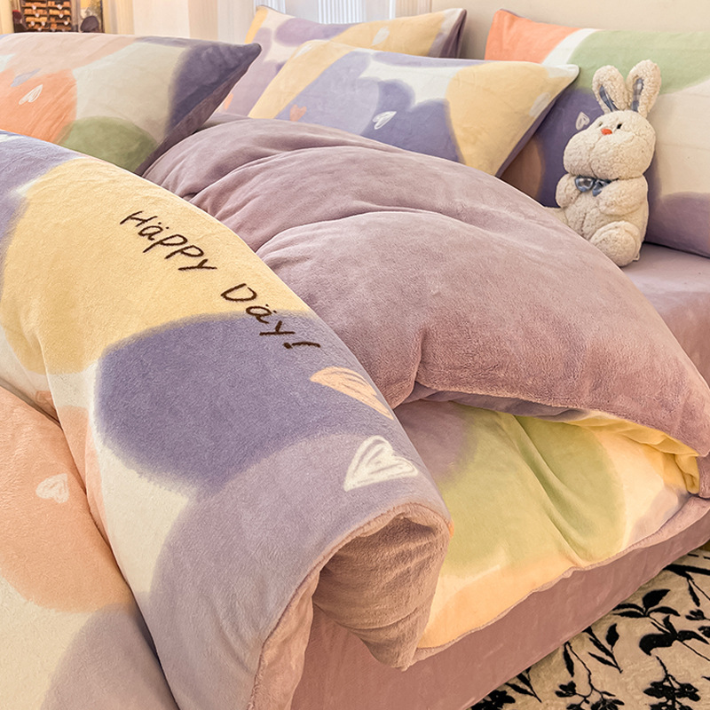Juego de cuatro piezas de ropa de cama de terciopelo de leche simple, juego de tres piezas de funda de edredón de sábana de franela de coral gruesa de invierno más terciopelo