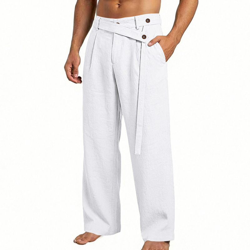 Men's Solid Color Linen Pants Simple Loose Fit High End Straight Leg Casual Midweight Polyester Long Trousers_viptrois.com