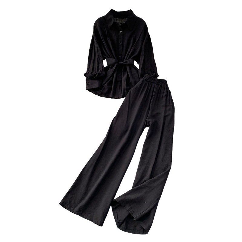 Women's Korean Style Two-Piece Set - Loose Long Sleeve Shirt With Tie-Waist & Wide Leg Trousers, Casual Office Wear Summer Outfit_ecoleips.com