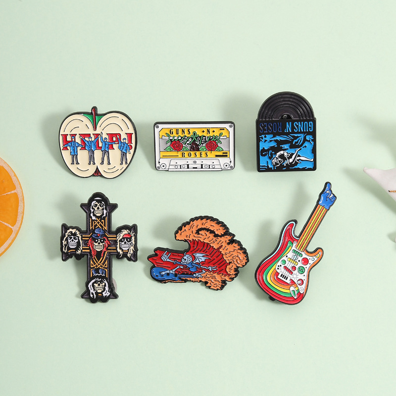 Vintage Rock Band Badge Guns N' Roses Tape Record Guitar Brooch Punk Style Accessory Pin Vintage Rock Band Badge Guns N' Roses Tape Record Guitar Brooch Punk Style Accessory Pin