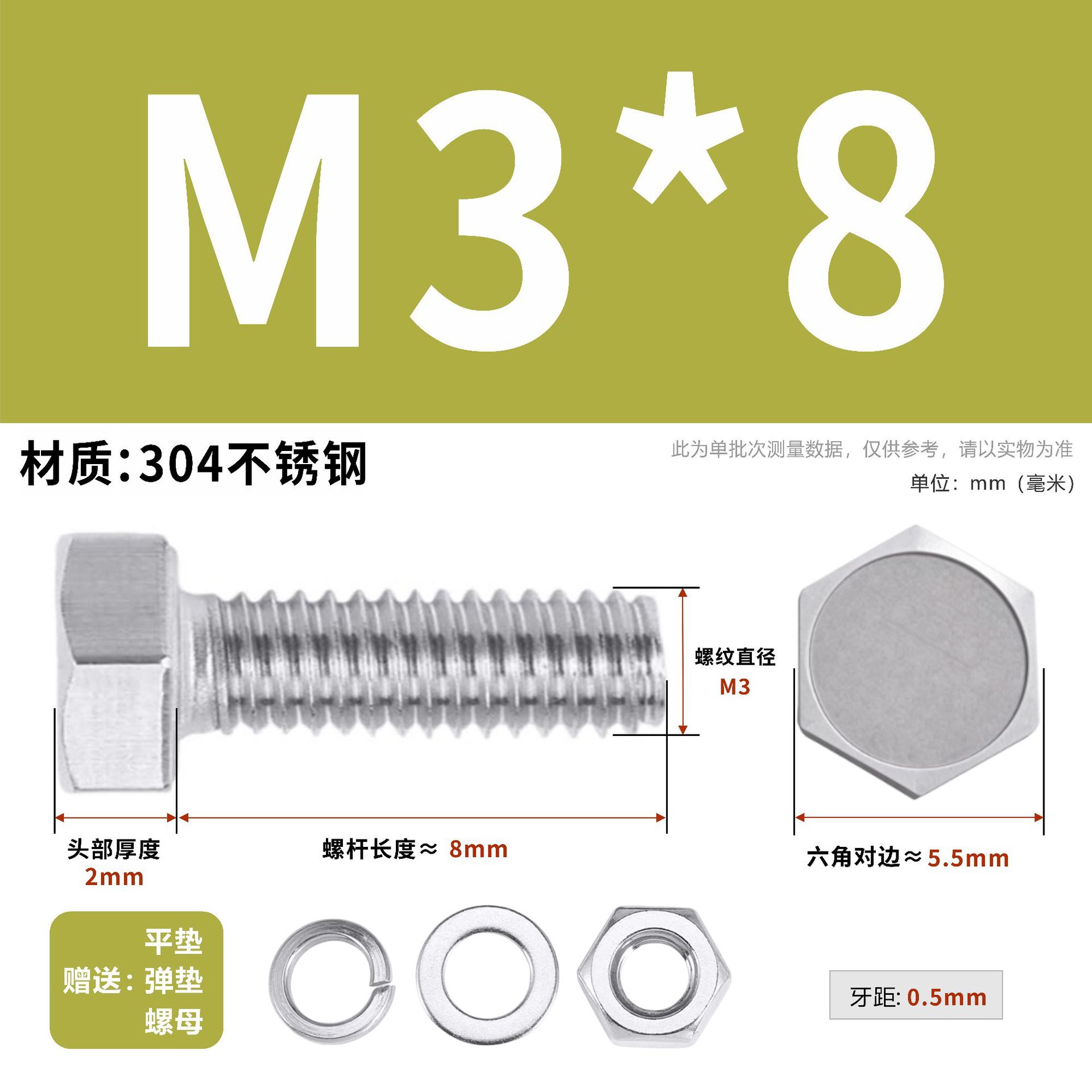304 acero inoxidable tuerca perno hexagonal conjunto de accesorios de almohadilla de resorte M3M4M5M6M12 image 8