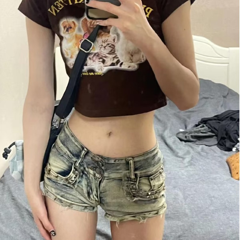 2023 Summer new American hot girl Liu Ding low waist Denim shorts women's slim slimming sheath wide leg hot pants women