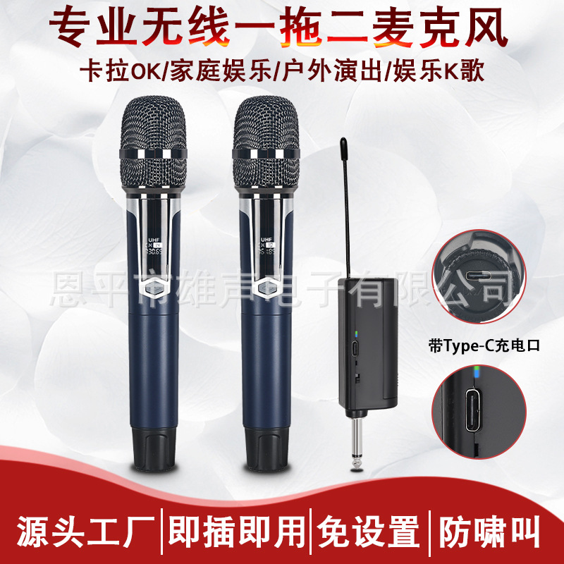 Rechargeable Wireless Microphone One-To-Two Universal Microphone U-Band Fm Home K-Song Handheld Microphone