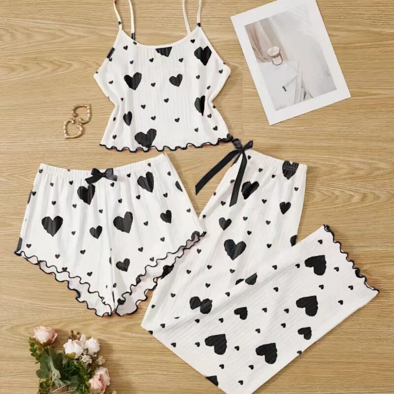 Sweet Camisole Three-Piece Loungewear Set with Heart Print for Women, Summer European and American Style