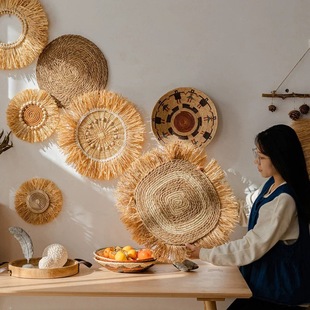 Japanese-Style Raffia Woven Wall Hanging for Entrance, Guesthouse Background Wall Decoration, Wabi-Sabi Style