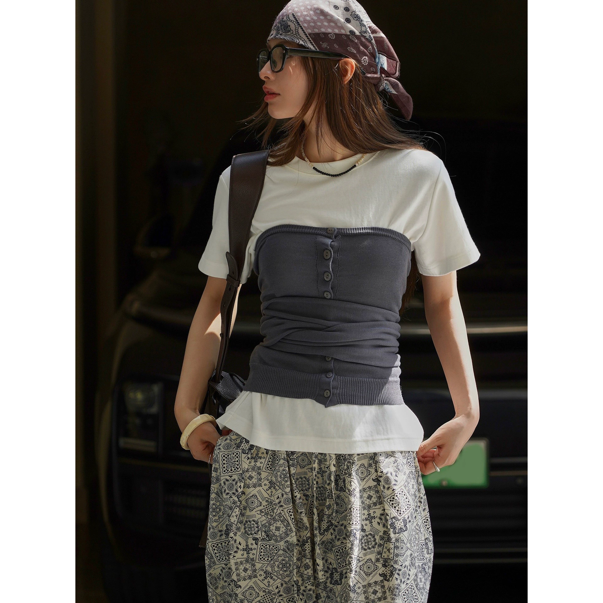 Новый корейский стиль MIUMIU: топ-труба с бретелями, вязаный, многослойный, стройнящий, для женщин, ранняя осень