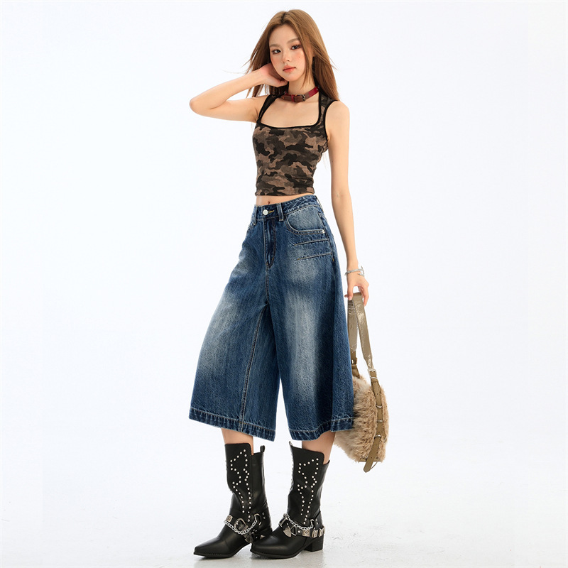 American Retro Design Sense Wide Leg Cropped Jeans Women's Summer 2025 New High Waist Slimming dark blue Pants