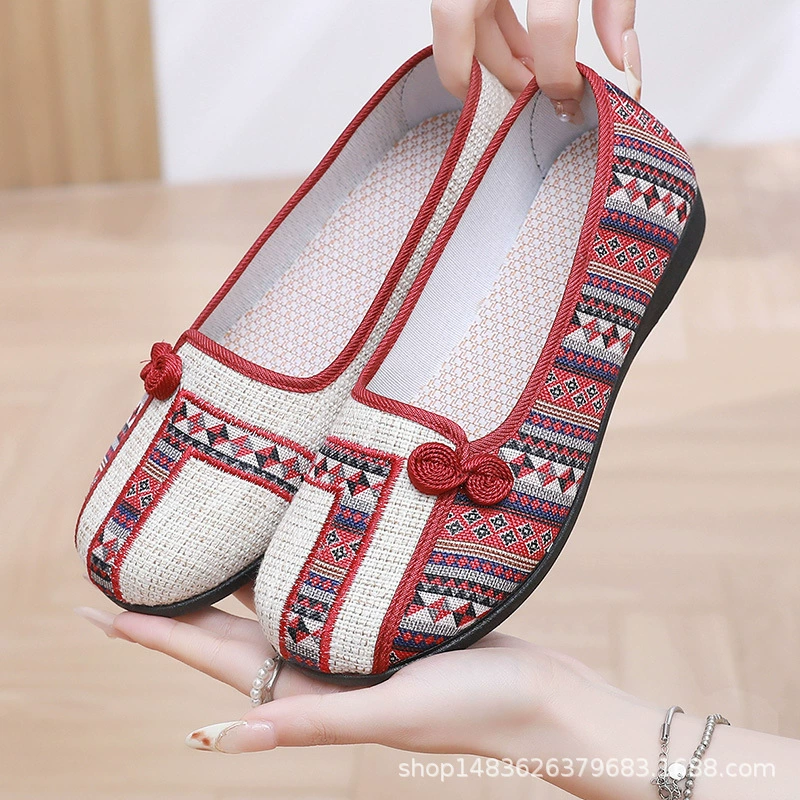 Женские повседневные тканевые туфли в стиле Пекин для женщин среднего и пожилого возраста, этнический стиль, мягкая подошва, дышащие, нескользящие, без застежек.