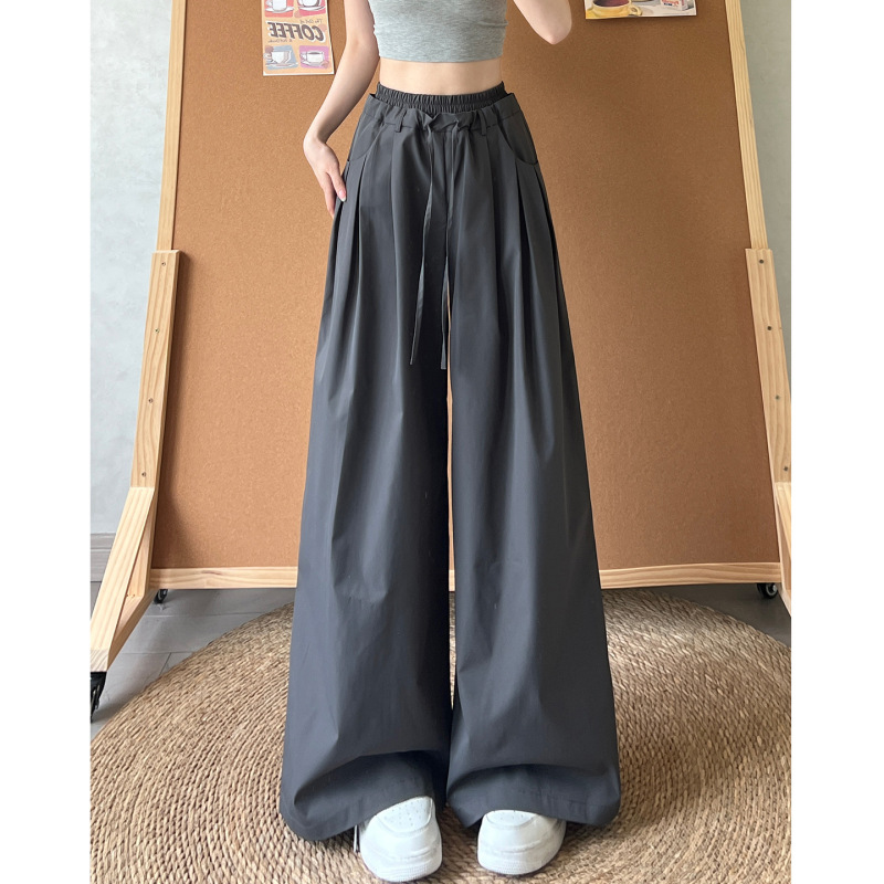 Dark Gray American-Style Parachute Cargo Pants for Women, Summer Pleated Double-Layer Waist Design, Loose Wide-Leg Quick-Dry Sports Pants