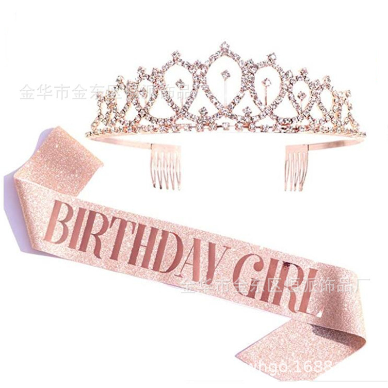 Cumpleaños en stock, banda de cumpleaños, correa de etiqueta, corona de oro rosa, correa de hombro
