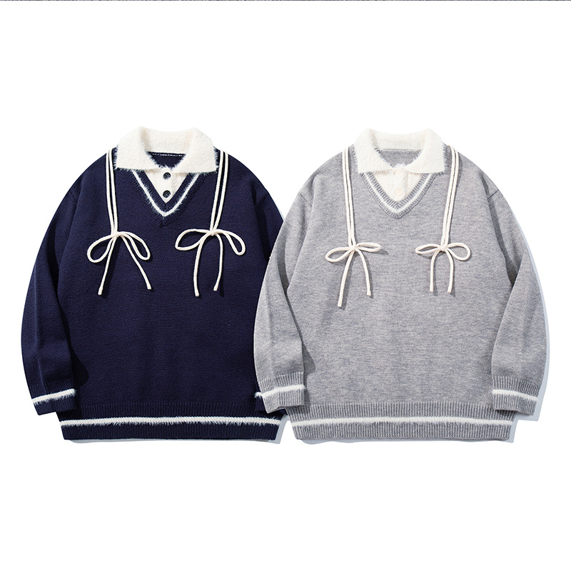 YWFG ropa de mujer retro falso de dos piezas suéter de solapa de otoño y invierno nuevo suelto estilo universitario abrigo de punto casual