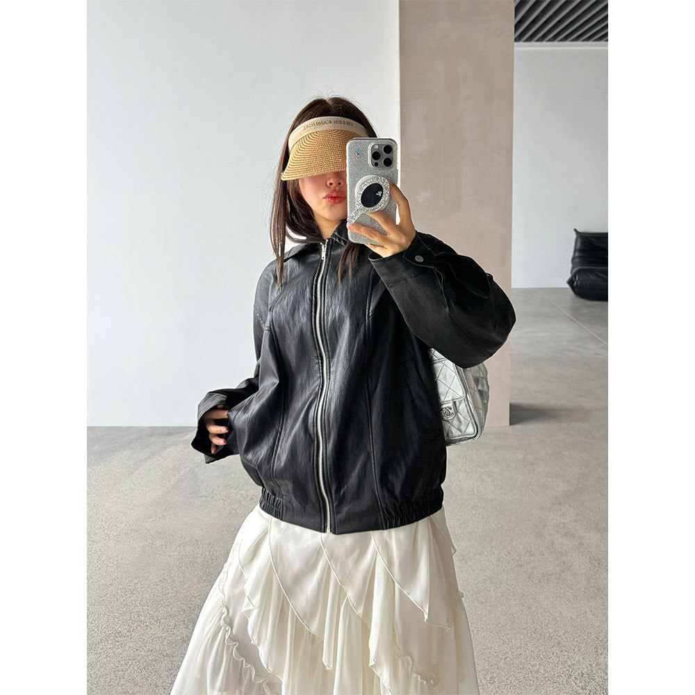 【王琪芝】早春极简翻领夹克皮衣女宽松复古潮流休闲夹克衫WQ187