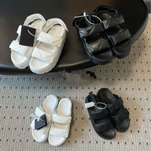 外贸夏季新款厚底齿轮松糕真皮凉鞋女鞋菱形魔术贴露趾罗马沙滩鞋