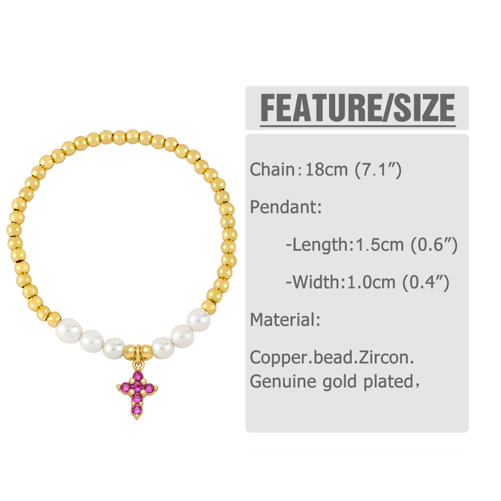 Fashion Cross Copper Bracelets Beaded Gold Plated Pearl Zircon Copper Bracelets