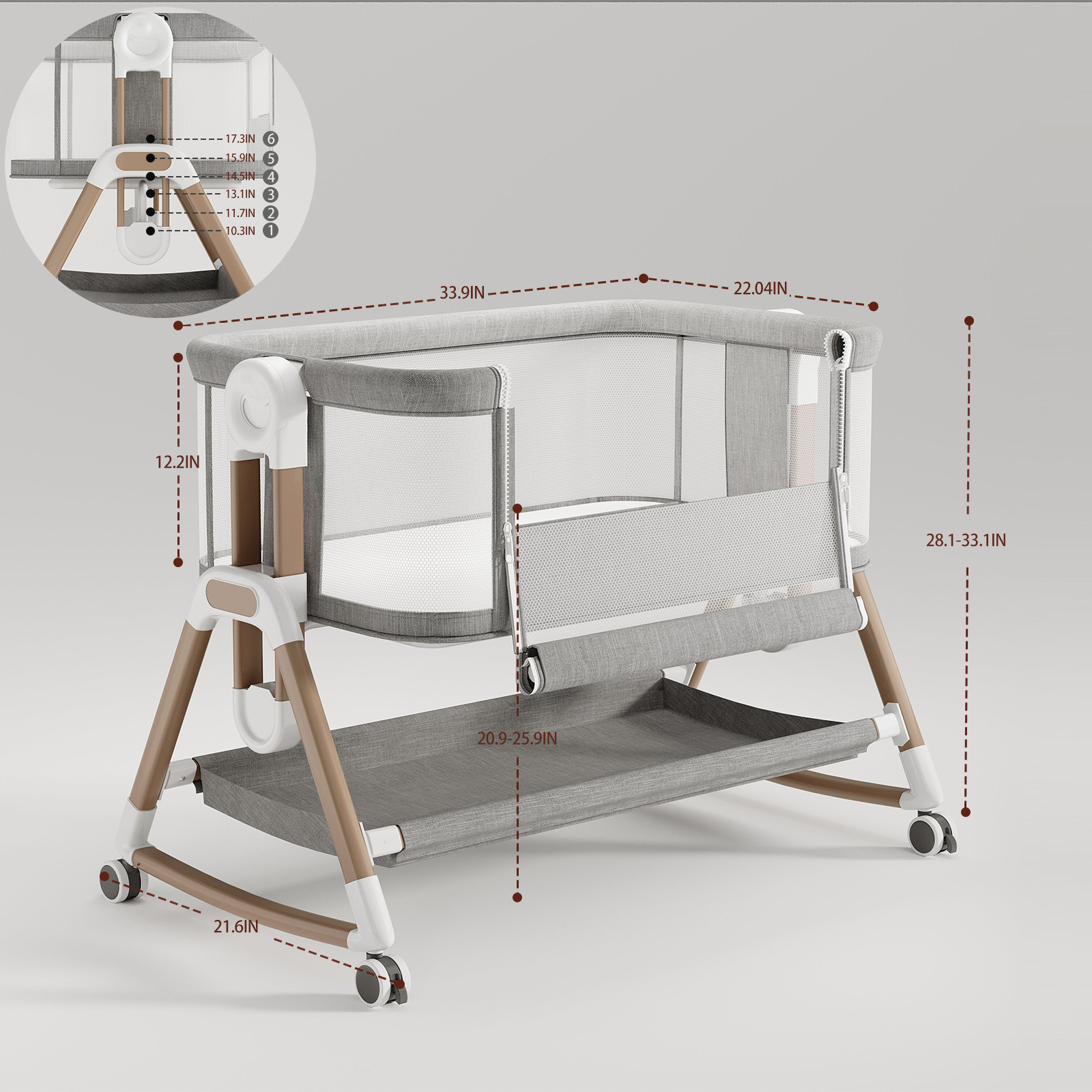 Movable Folding Baby Crib with Height Adjustment, Anti-Pressure and Anti-Cover Features, Portable Baby Basket, Can Be Rocking and Can Be Combined into a Child's Bed