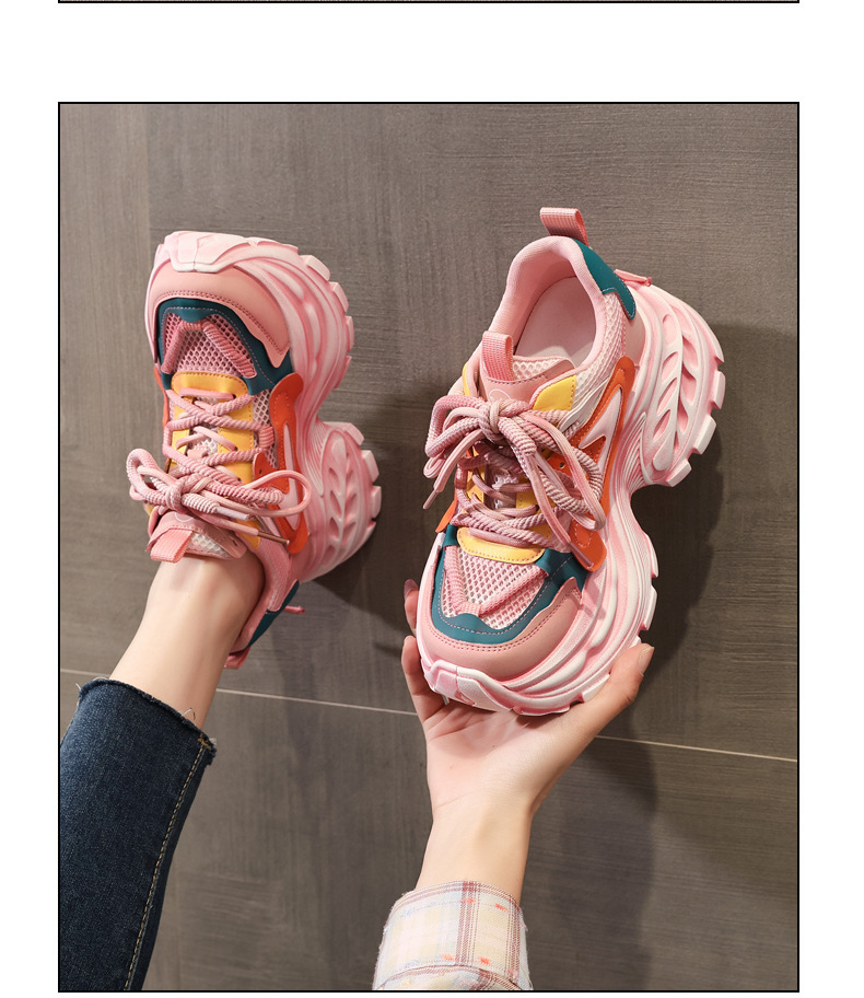 Giày sneaker nữ đế dày lưới thoáng khí phong cách daddy giày tăng chiều cao — màu hồng chi tiết 12