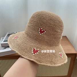 日系海边度假爱心盆帽女士甜美可爱拉菲草手编遮阳防晒草帽渔夫帽