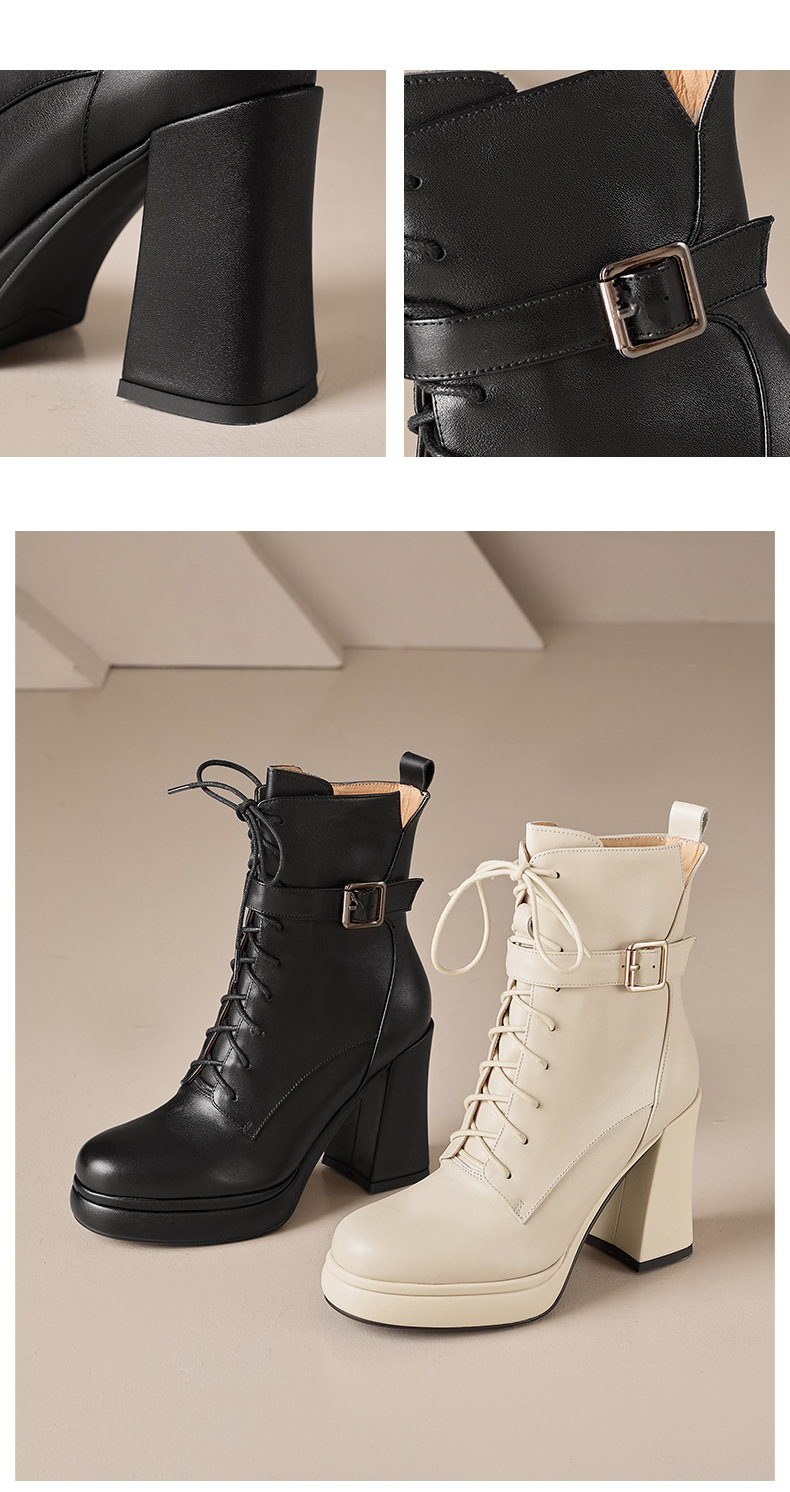 Giày boot nữ da thật cổ ngắn dây buộc gót vuông 10 cm đế dày mùa thu đông — màu đen, Màu trắng nhạt chi tiết 11