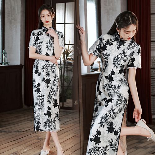 Oriental retro Chinese dress Qipao Cheongsam for girls Chinese wind restoring ancient ways of bud silk imitation acetate cheongsam dress temperament is young and middle-aged and old women