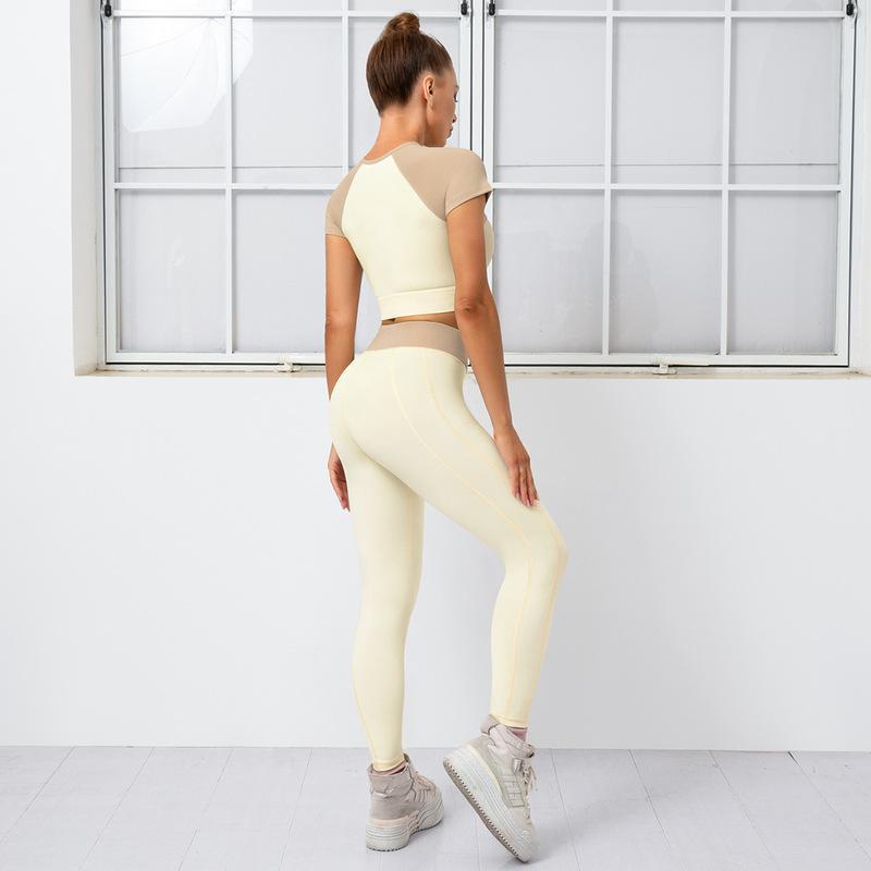 hip-lifting high-elastic short sleeve hollow tight high waist solid color top and trouser set NSNS131745