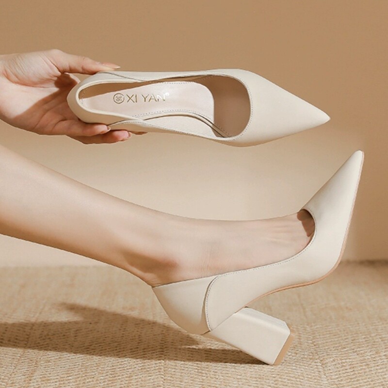 Xi Yan French Off-White High-Heeled Shoes for Women, Comfortable and Versatile Women's Shoes, Genuine Leather Soft Soles, Thick Heels, Black Shoes That Are Not Tiring for the Feet