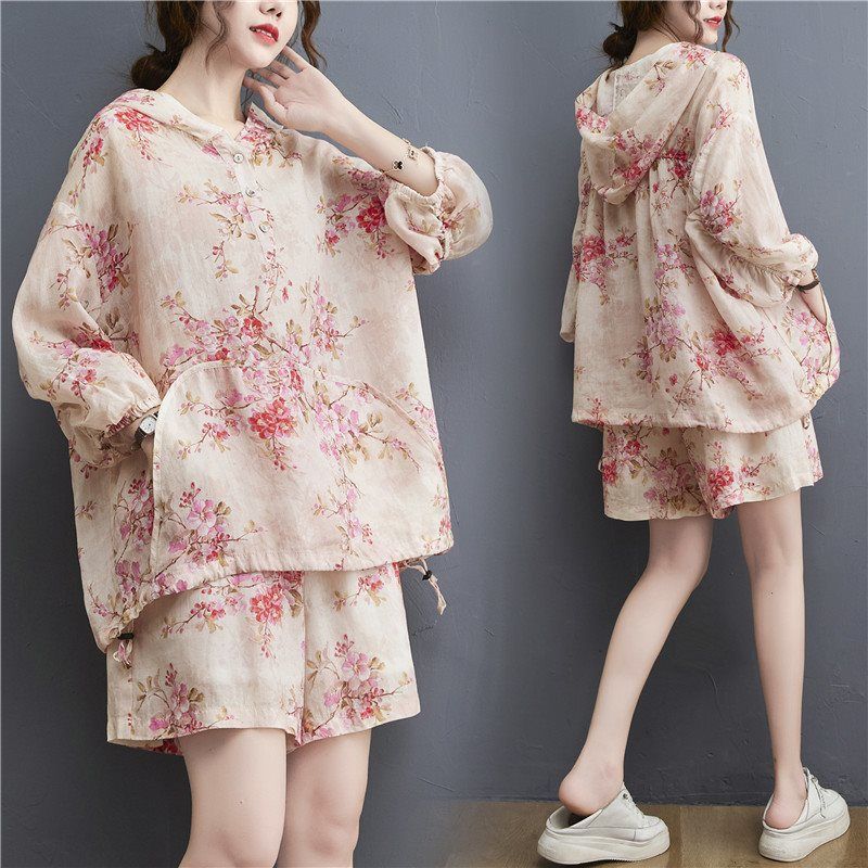 (2개) 플러스 사이즈 여성 의류 통통한 자매 인쇄 라미 반바지 투피스 세트 여성 후드 세븐 슬리브 얇은 탑 세트 여성 여름