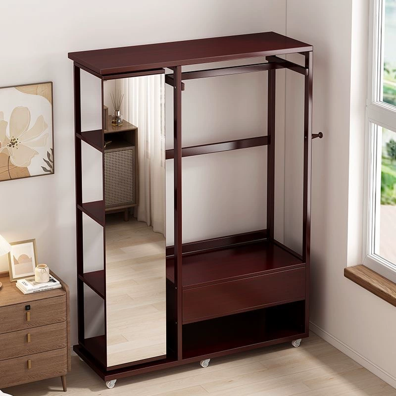 Комбинированная комод-тумба из массива дерева с зеркалом, вешалкой для одежды и выдвижными ящиками, шкаф для хранения вещей на колесиках, многофункциональная.