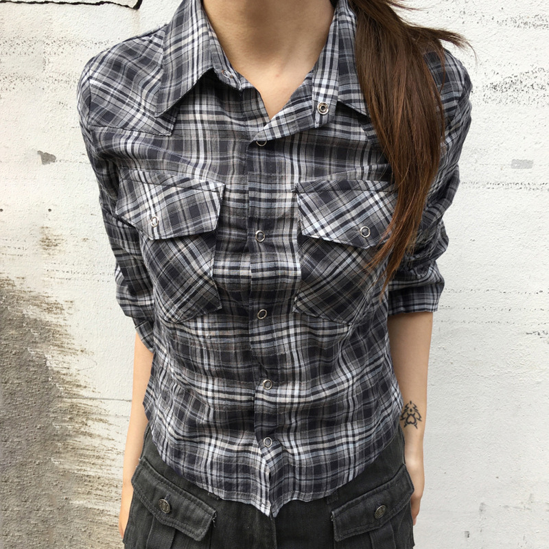 American Retro Plaid Workwear Pocket Shirt New Cross-Border Personality Trendy Slim-Fit Long-Sleeve Top