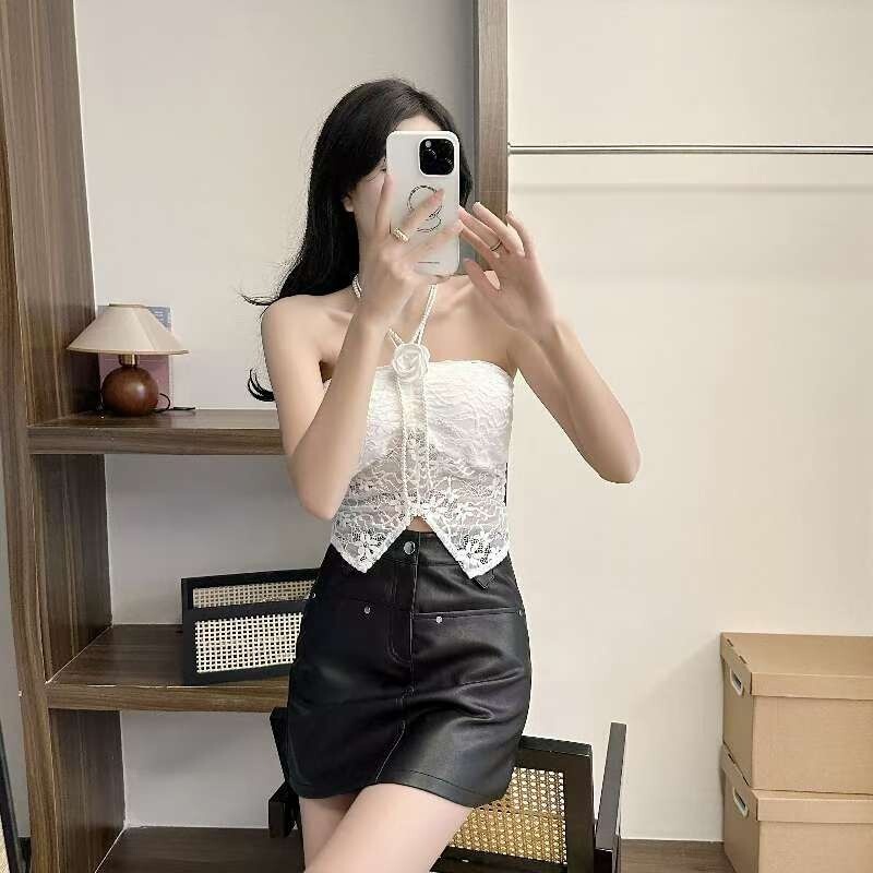 Pure Sexy Lace Shoulder Neck Top with Chest Pad Three-dimensional Flower Decorative Inner Top for Women Pure Sexy Lace Shoulder Neck Top with Chest Pad Three-dimensional Flower Decorative Inner Top for Women