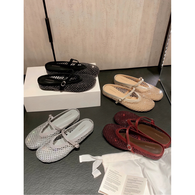 Sheepskin~Grape Mom's Same Style 4cm Hidden Heel Sparkling Rhinestone Closed-Toe Slippers for Women with Breathable Mesh Half-Strap Design