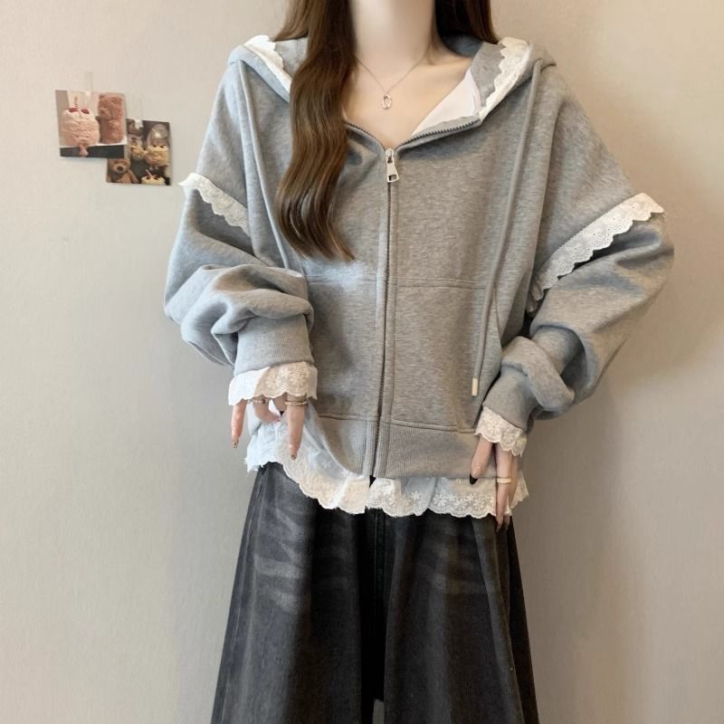春秋新款大码胖mm连帽卫衣开衫外套女休闲显瘦感蕾丝花边上衣|undefined