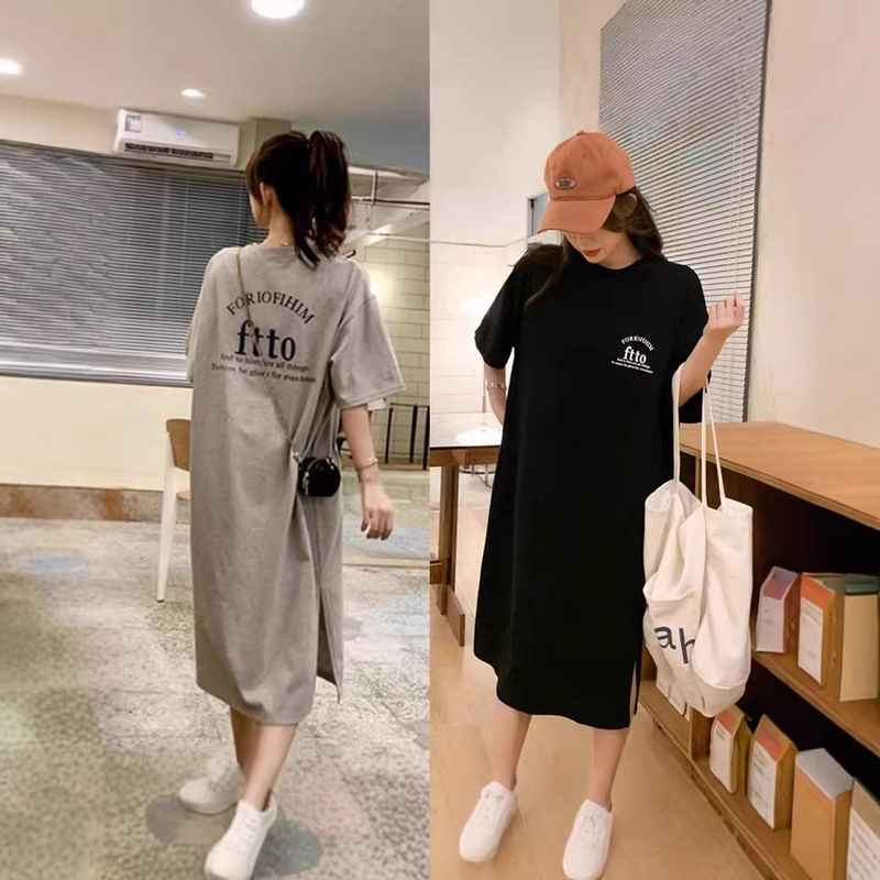 Korean Plus-Size Long T-Shirt Dress for Women, Summer Loose-Fitting Over-The-Knee Lazy Dress with Slit, Fat mm Dress, Direct from the Factory Korean Plus-Size Long T-Shirt Dress for Women, Summer Loose-Fitting Over-The-Knee Lazy Dress with Slit, Fat mm Dress, Direct from the Factory
