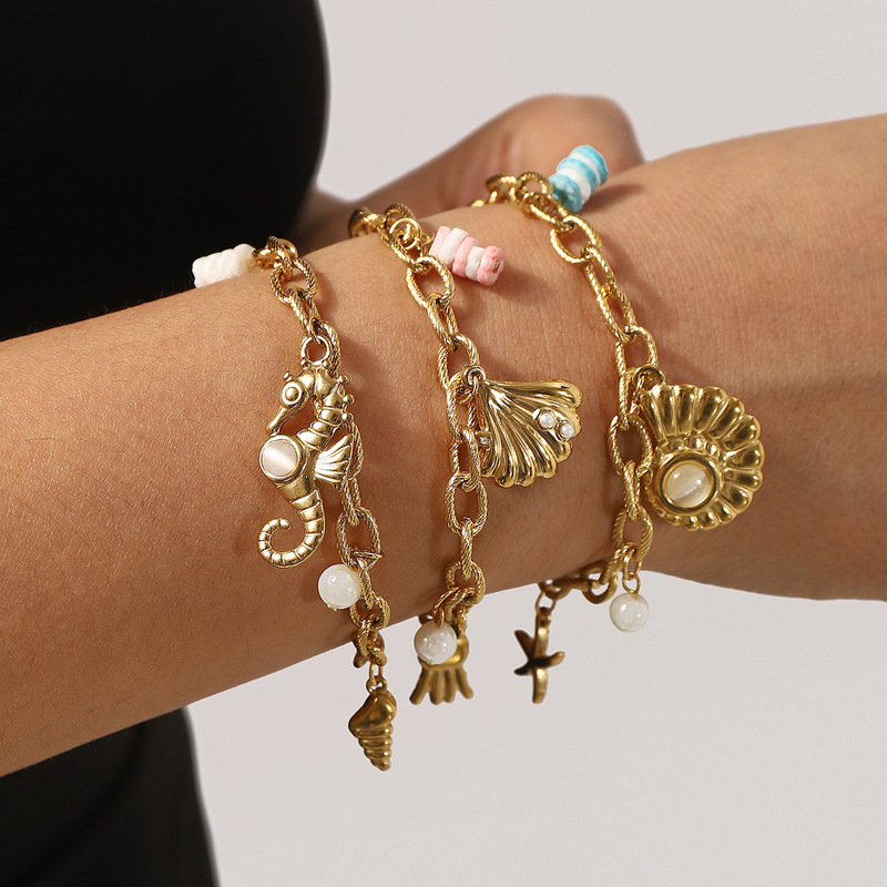 Zb0405 Bohemian Vacation Ocean Style Stainless Steel Bracelet 14K Gold Summer Marine Life Pendant Bracelet