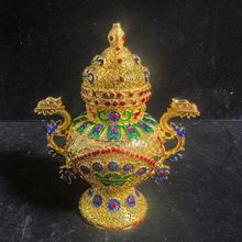 工艺品仿古做旧纯铜合金鎏金工艺双龙炉彩绘镶嵌珠宝炉铜香炉摆件