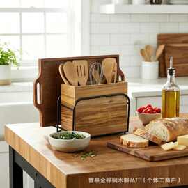 日式厨房台面餐具收纳盒带砧板刀叉勺置物盒相思木铁艺桌面整理架