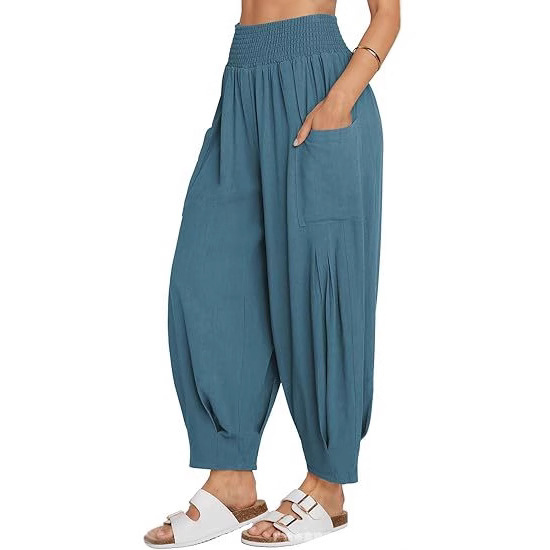 2025 Cross-border Women's Cotton and Linen Bohemian Pants Summer Casual Loose High Waist Workwear Casual Hallen Pants