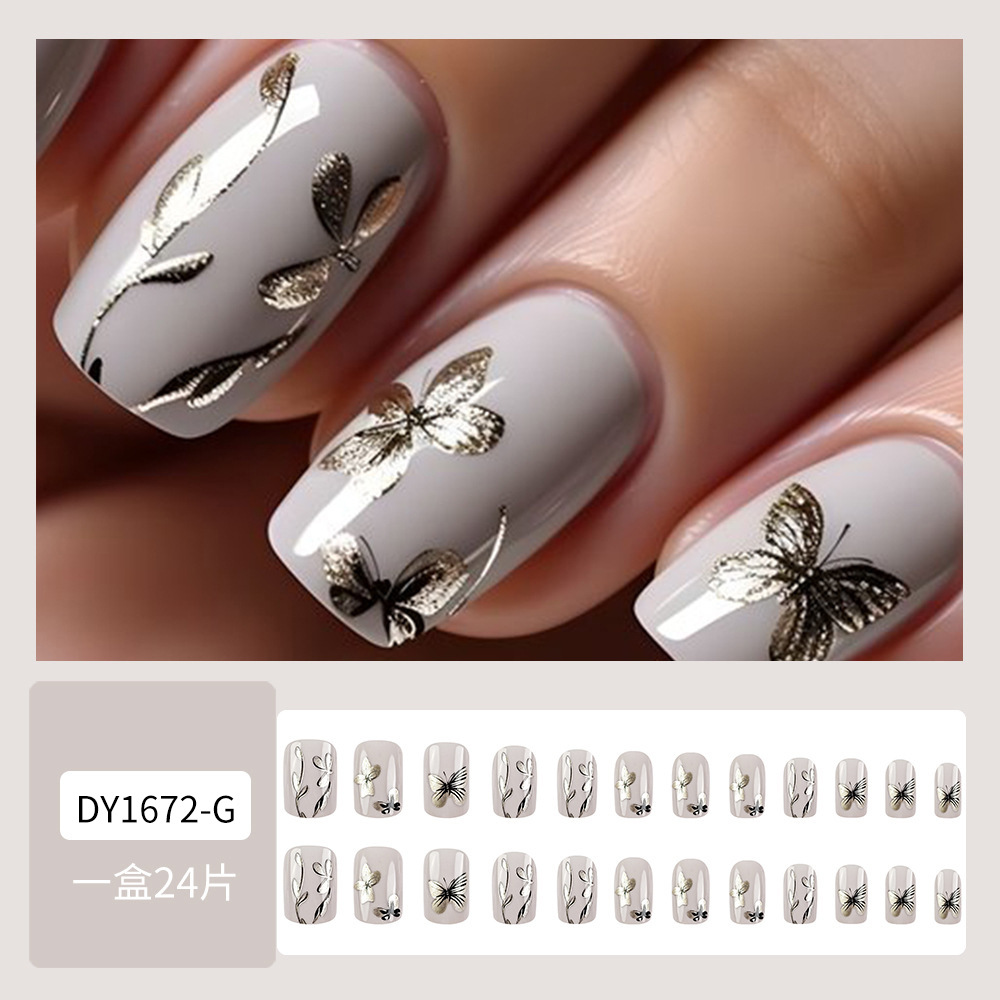 Butterfly Encounters Flower Fashion Wear Armor 24 piezas de uñas de uñas blancas Parche de uñas de temperamento simple image 7