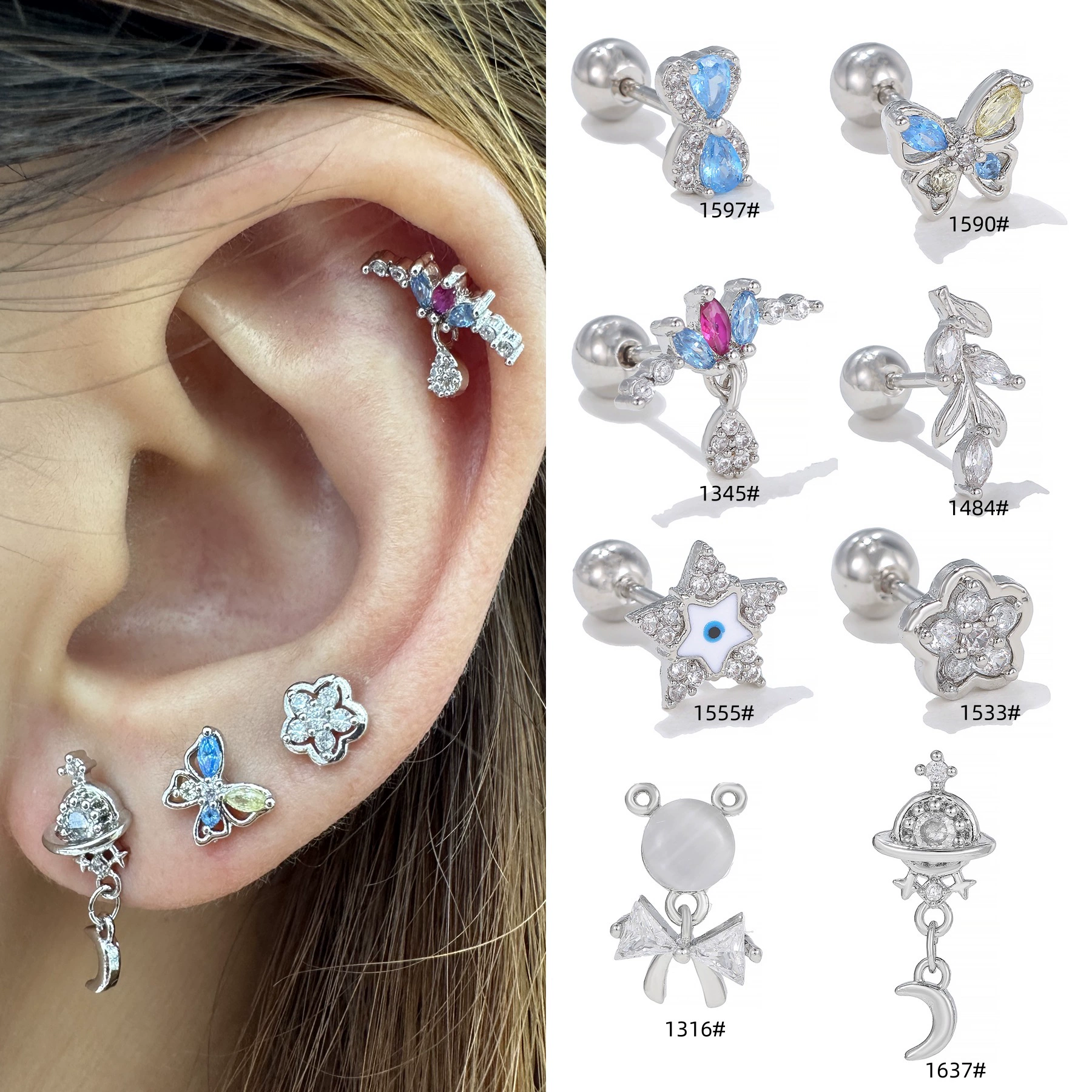 Zirconium, creative cute earrings, piercing with bow stainless steel, (Cross-border trading), micro incrustation