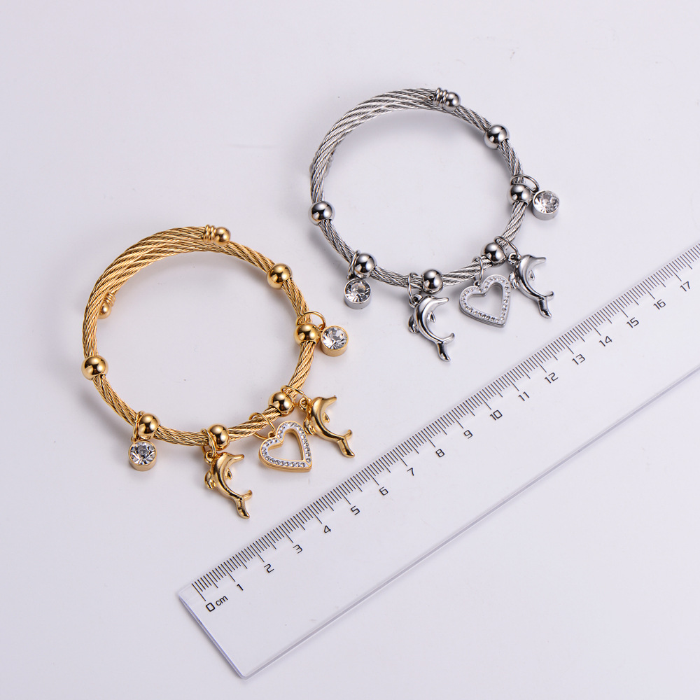 Romantic Heart Shape Titanium Steel Bangle Plating Rhinestone Stainless Steel Bracelets